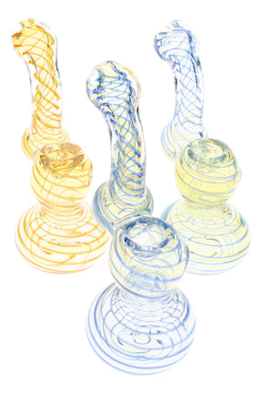 Clear 5-inch silver-fumed sherlock bubbler with blue spiral stripes, bubbling water chamber, and flat base on white background.