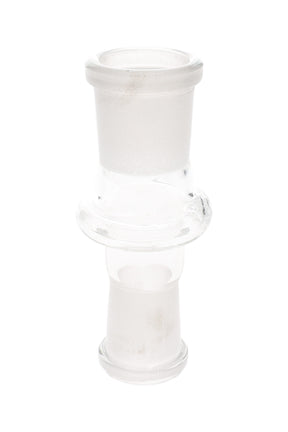 Clear 18.8 mm female to 14.5 mm female glass adapter with frosted ground joints and center grip ring shown upright on a white background.