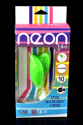 Close-up of Neon Vibes “The Ecstasy Vibe” package showing green silicone body, unique multi-use shape, 10 functions, USB rechargeable.