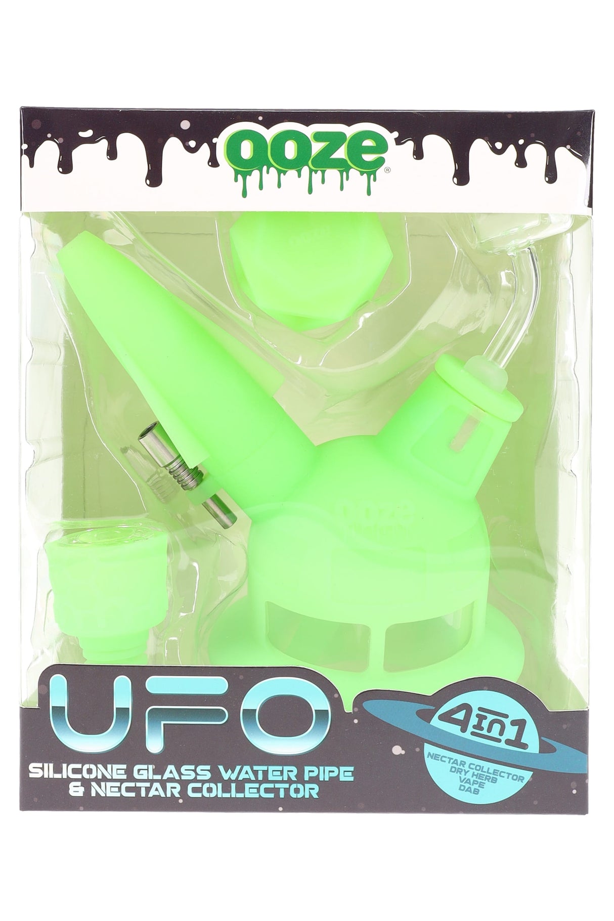 Glow-green Ooze “UFO” hybrid set packaged with quartz banger and metal nectar tip; space-pod base with viewing windows.