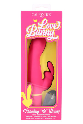 Pink silicone rabbit vibrator with curved G-spot shaft and flickering bunny-ear stimulator shown in Love Bunny retail window box, front angle view