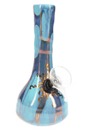 Turquoise blue 6″ ceramic beaker bong with swirling marbled finish and gold sunburst at the downstem area.