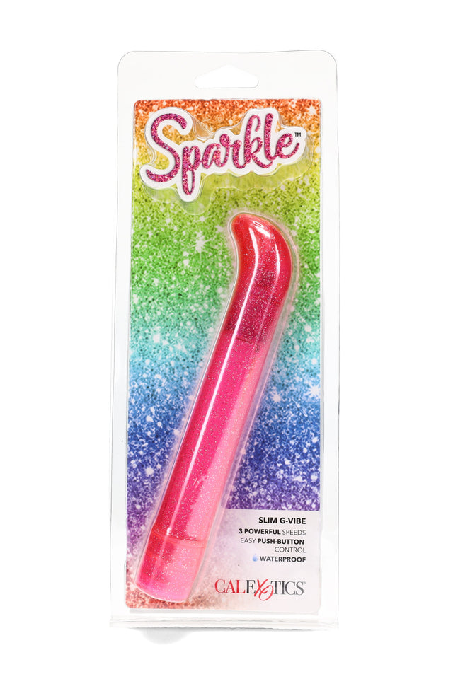 Pink glitter Sparkle Slim G-Vibe in retail pack with curved tip; waterproof 3-speed G-spot vibrator with push-button control on rainbow card.