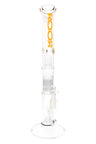 Clear ROOR Tech 18″ straight tube bong with stemless 18.8 mm joint, dome, 10-arm tree and stemline showerhead percs, ice pinch, flat base, orange decal.