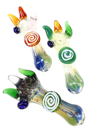 5″ color-changing silver fumed spiked glass hand pipe with neon squiggle or frit bowl and marble center accent; approx. 130 g; pipe only.