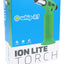 Ion Lite torch bright green variant on box; lightweight portable torch lighter for concentrate rigs, front angle.