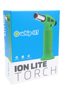 Ion Lite torch bright green variant on box; lightweight portable torch lighter for concentrate rigs, front angle.