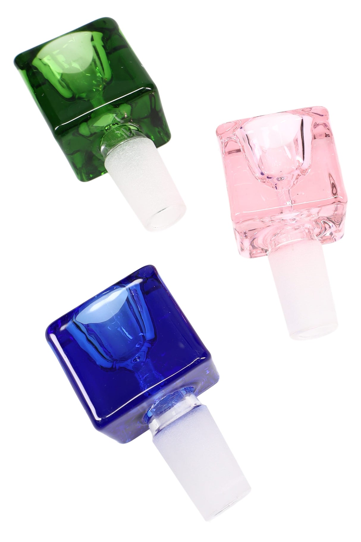Diagonal group of green, pink, and blue 14 mm male glass cube bowl slides on white background, displaying color options.