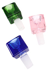 Diagonal group of green, pink, and blue 14 mm male glass cube bowl slides on white background, displaying color options.