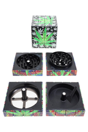 50mm 4-part cube herb grinder with leaf print panels, diamond metal teeth and sifter screen, puzzle-cube look, 2″ diameter