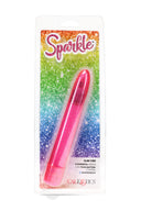 Pink glitter Sparkle slim vibe in clear retail packaging; highlights 3 speeds, waterproof build, and easy push-button control in a tapered shape.
