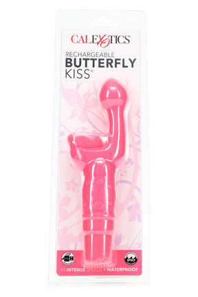 Pink Rechargeable Butterfly Kiss G-spot vibrator in retail packaging; butterfly stimulator, 10 speeds, USB rechargeable, IPX7 waterproof.