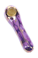Purple 4-inch ceramic spoon hand pipe with gold sun accent and brass screen bowl, smooth rounded body.
