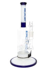 ROOR Tech 12″ straight tube bong, stemless design with barrel perc, clear body, 18.8 mm GoG joint, white-and-blue mouthpiece and color-accented base.
