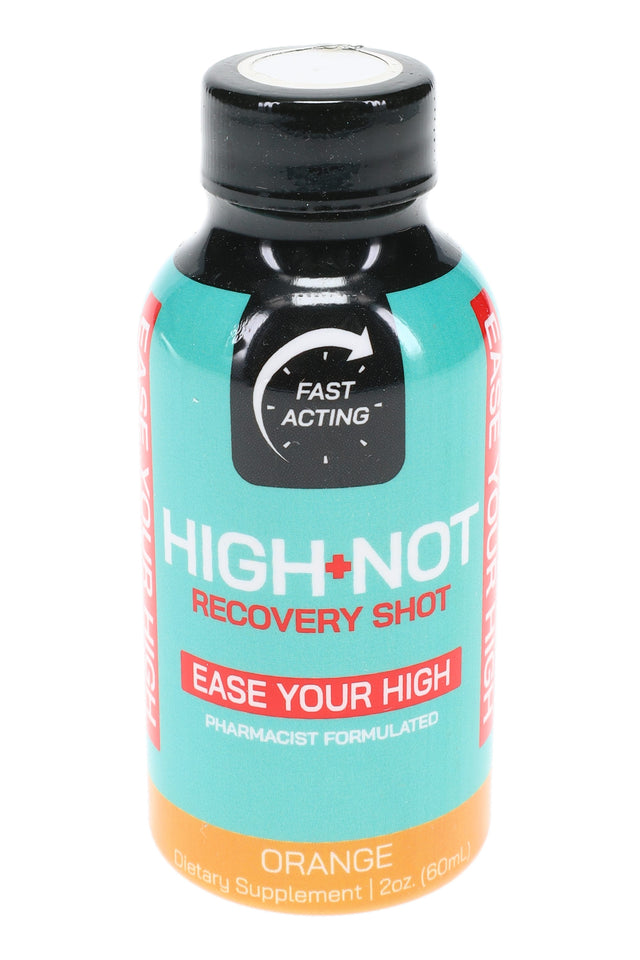 High-Not Recovery Shot orange flavor, 2-oz fast-acting supplement bottle with “Ease Your High” label and pharmacist-formulated callout.