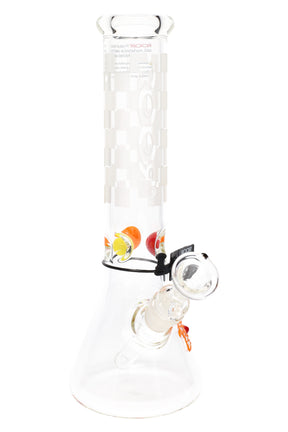 Clear ROOR 12-inch frosted beaker bong with checkerboard-etched neck and multicolor ice pinch marbles; glass-on-glass downstem and bowl.