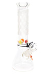 Clear ROOR 12-inch frosted beaker bong with checkerboard-etched neck and multicolor ice pinch marbles; glass-on-glass downstem and bowl.