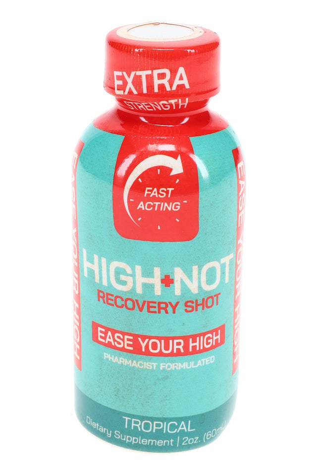 High-Not Extra Strength Recovery Shot, tropical flavor; fast-acting 2-oz bottle with “Ease Your High” and pharmacist-formulated callouts.