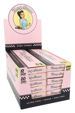 Blazy Susan king size pink pre-rolled cones 12-count display box, ultra-thin slow-burning vegan rolling papers.