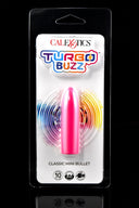 Pink Turbo Buzz Classic Mini Bullet vibrator in retail packaging; tapered tip, 10 functions, IPX7 and USB rechargeable.