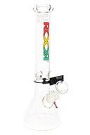 Clear ROOR 5 mm beaker bong with rasta red-gold-green ROOR logo, glass-on-glass downstem and bowl, ice pinch.