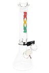 Clear ROOR 5 mm beaker bong with rasta red-gold-green ROOR logo, glass-on-glass downstem and bowl, ice pinch.