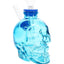 Blue skull glass bong side view, transparent body with angled mouthpiece and removable bowl