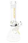 Clear ROOR 10-inch beaker bong with yellow daisy patterned ROOR logo, ultra-thick 7 mm glass, glass-on-glass downstem and bowl, ice pinch.