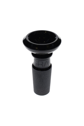 GRAV basin bowl in shiny black glass with etched GRAV logo and 14.5 mm male frosted joint, basin-shaped rim.