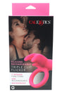 Hot pink silicone triple clit flicker vibrating ring in retail packaging front view