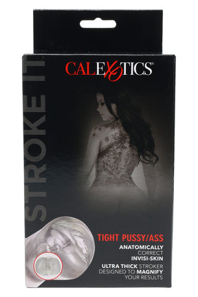 Stroke It Tight Pussy/Ass stroker sleeve retail box with CalExotics logo and dual-entry sleeve photo on front