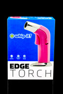 Whip-It Edge torch lighter box featuring a pink unit and chrome nozzle, highlighting adjustable flame and ergonomic curve.