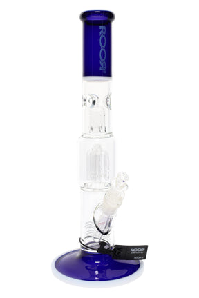 Deep-blue ROOR Tech 15 inch straight tube bong with color mouthpiece and base, tree perc, ice pinch, glass-on-glass downstem and bowl.
