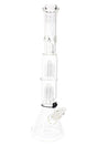 Tall ROOR Tech 17-inch beaker water pipe showing two tree percolators in clear chambers and included downstem with herb bowl attached.