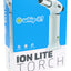 Whip-It Ion Lite torch in solid white on packaging; minimal look, stable base highlighted, right-facing view.