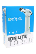 Whip-It Ion Lite torch in solid white on packaging; minimal look, stable base highlighted, right-facing view.