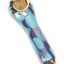 Teal-blue 4-inch ceramic spoon hand pipe featuring gold sun motif and brass screen bowl, glossy marbled glaze.
