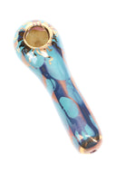 Teal-blue 4-inch ceramic spoon hand pipe featuring gold sun motif and brass screen bowl, glossy marbled glaze.
