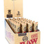 RAW King Size Classic pre-rolled cones 32-count display, 3 cones per pack; natural unrefined paper with hemp gum in retail box, front view.
