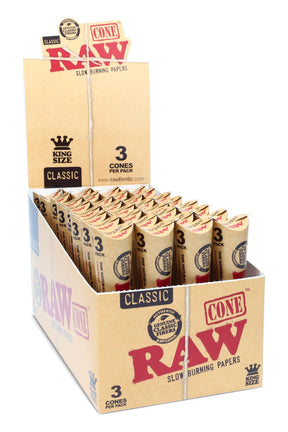 RAW King Size Classic pre-rolled cones 32-count display, 3 cones per pack; natural unrefined paper with hemp gum in retail box, front view.