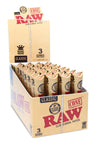 RAW King Size Classic pre-rolled cones 32-count display, 3 cones per pack; natural unrefined paper with hemp gum in retail box, front view.