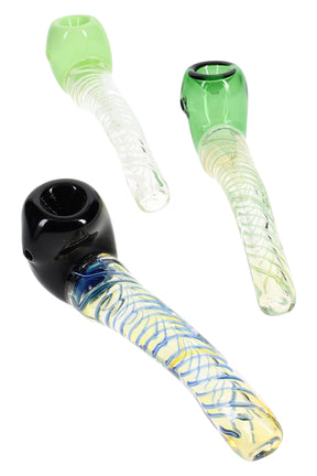 6″ swirl-striped glass sherlock pipe with curved stem, deep bowl, and side carb; clear body with colored mouthpiece; assorted colors; sold individually.
