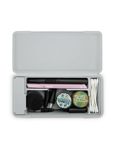 Case packed with two pens, jars, charger and swabs, demonstrating versatile storage for daily dabbing essentials.