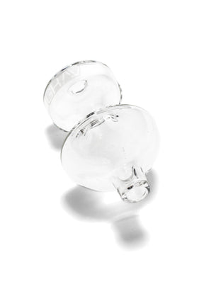 Clear GRAV bubble carb cap with hourglass handle, integrated carb hole, semi-spherical base, and flat-top rim shown on white background.