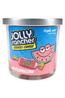 14-oz triple-wick Jolly Rancher Watermelon scented candle, pink wax jar with cartoon melon slice and classic candy wrapper art