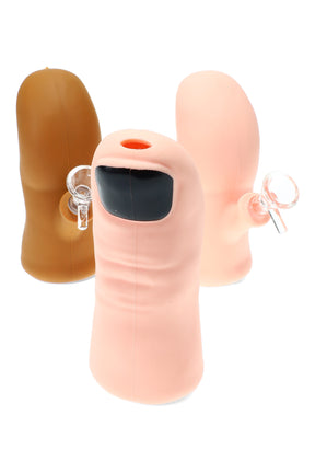 6-inch silicone thumb-shaped bong in assorted colors with top mouthpiece and included glass herb bowl, compact and sturdy.