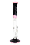 ROOR Tech 18-inch straight tube water pipe, black and pink colorway, showerhead perc with glass bowl and downstem.