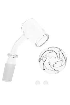 Overhead view of GRAV seamless quartz banger beside logo spinner cap and two clear pearls, flat-top design for easy capping.
