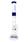 ROOR Tech 18″ beaker bong, stemless multi-perc stack with ice pinch, white-and-blue tube and base accents, flared mouthpiece and sturdy beaker foot.