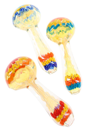 4-inch gold-fumed, color-changing glass hand pipe with bold multicolor squiggle bands on bowl and tail, shown in assorted colorways.